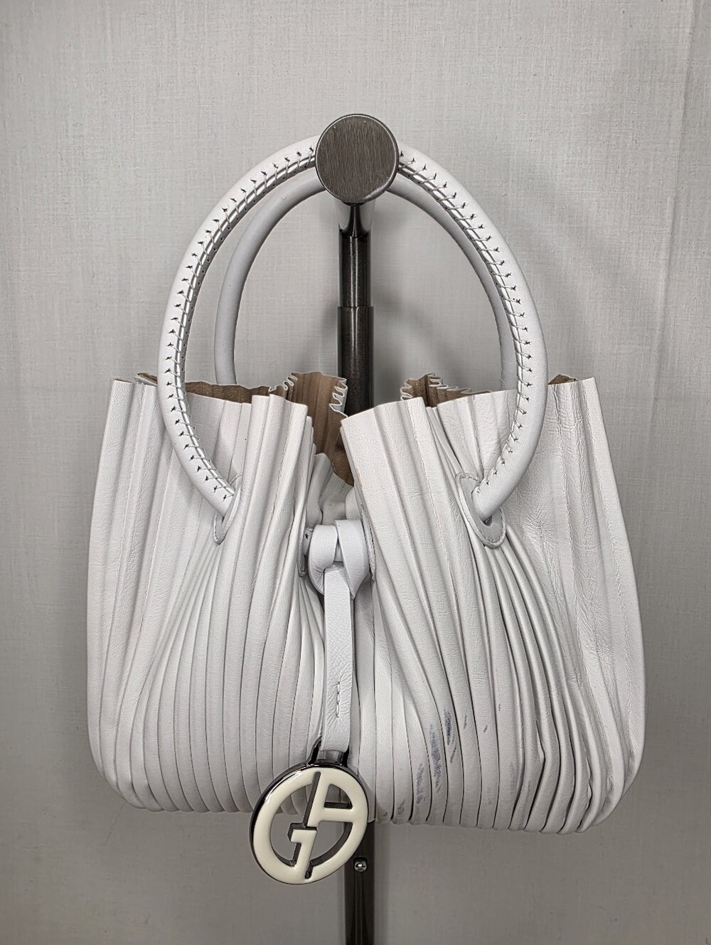 Giorgio Armani White Pleated Leather Tote Bag Vitello Italian Luxury Charm Pouch
